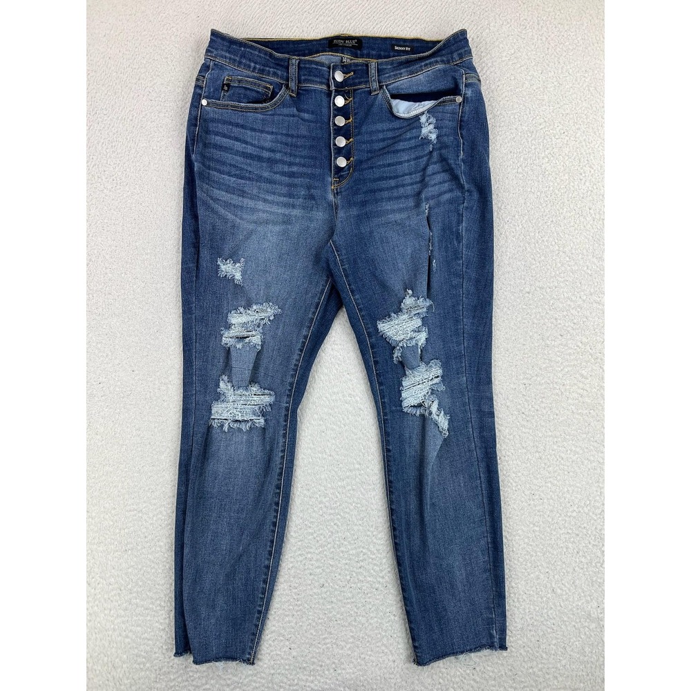 Judy Blue Skinny Fit Jeans Womens 14W Blue Wash Mid Rise Distressed Stretch